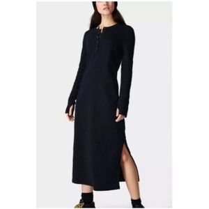 Sweaty Betty Henley Long Dress Womens Black Long Sleeve Cotton Blend Ribbed